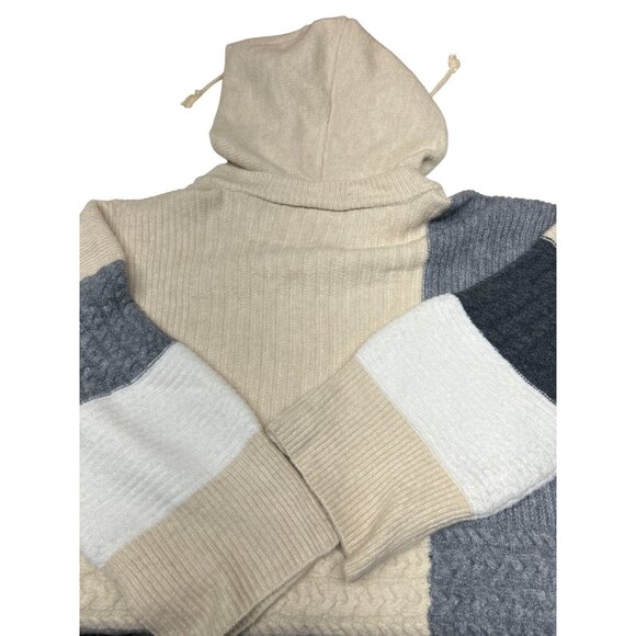 Pol Hooded Colorblock Sweater L Beige Gray White - Picture 2 of 9